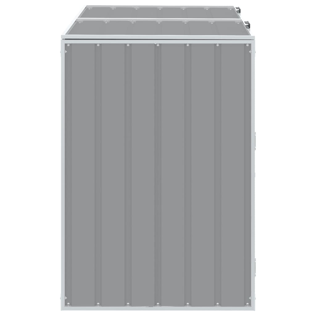 Gray steel wheelie bin storage unit for two bins, measuring 56.7x31.9x44.5 inches.