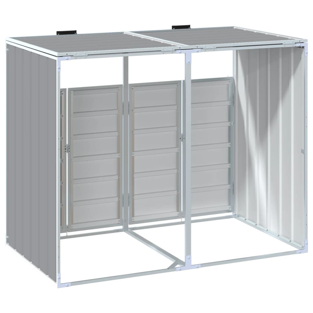 Gray steel wheelie bin storage unit for two bins, with wide front doors and sloped roof.