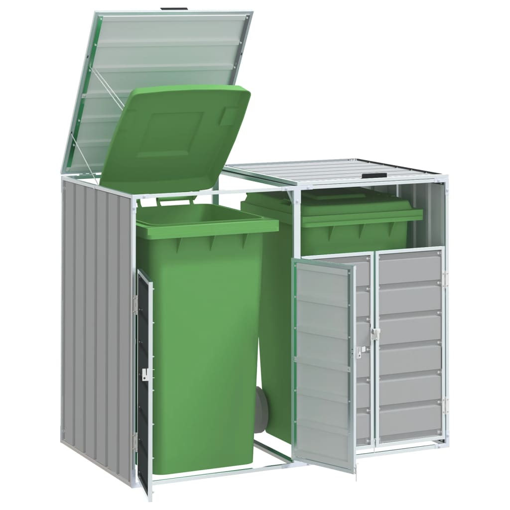 Gray steel wheelie bin storage unit with open doors revealing two green bins inside.