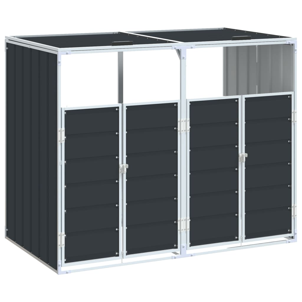 Anthracite steel wheelie bin storage unit for double bins, measuring 56.7x31.9x44.5 inches, with doors and roof.