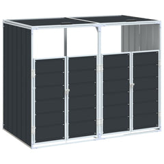 Anthracite steel wheelie bin storage unit for double bins, measuring 56.7x31.9x44.5 inches, with doors and roof.