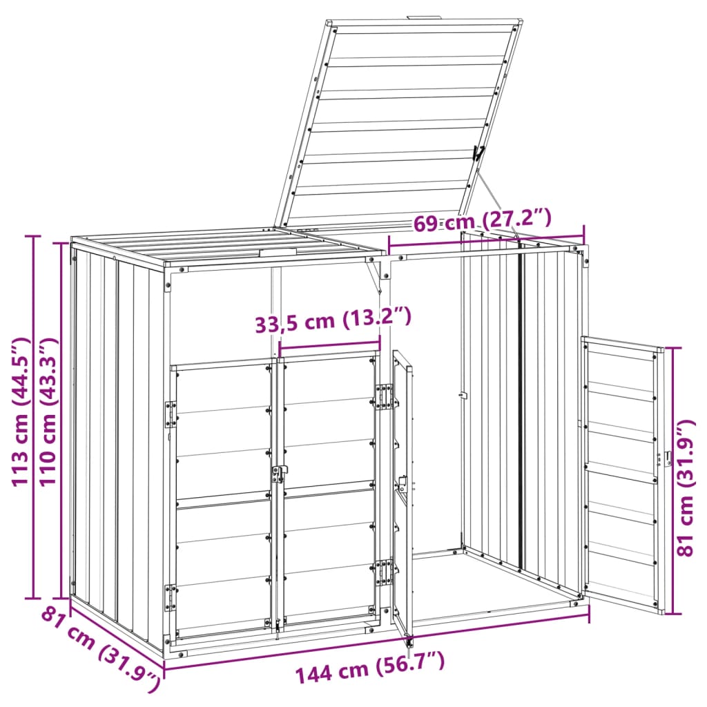 Anthracite steel wheelie bin storage unit with open lid, double doors, and dimensions 56.7x31.9x44.5 inches.