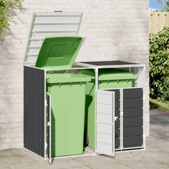 Anthracite steel wheelie bin storage enclosure for two green bins against a white brick wall.