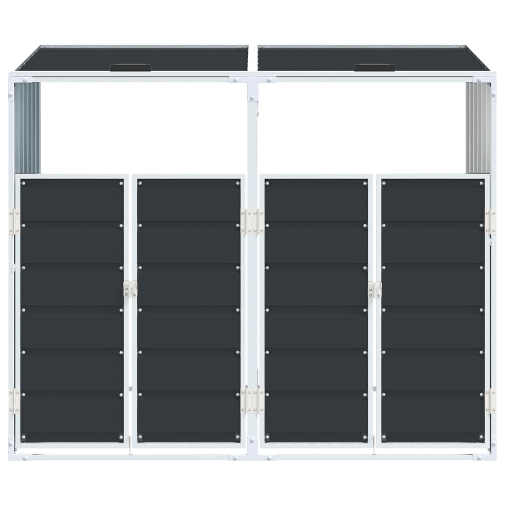 Anthracite steel wheelie bin storage enclosure for two bins, with double doors and sloped roof.