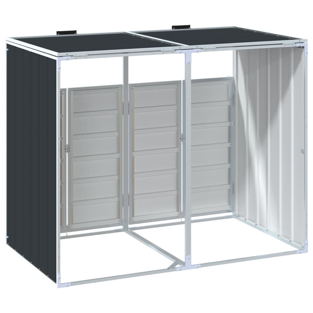 Anthracite steel wheelie bin storage enclosure for two bins, with double doors and sloped roof.