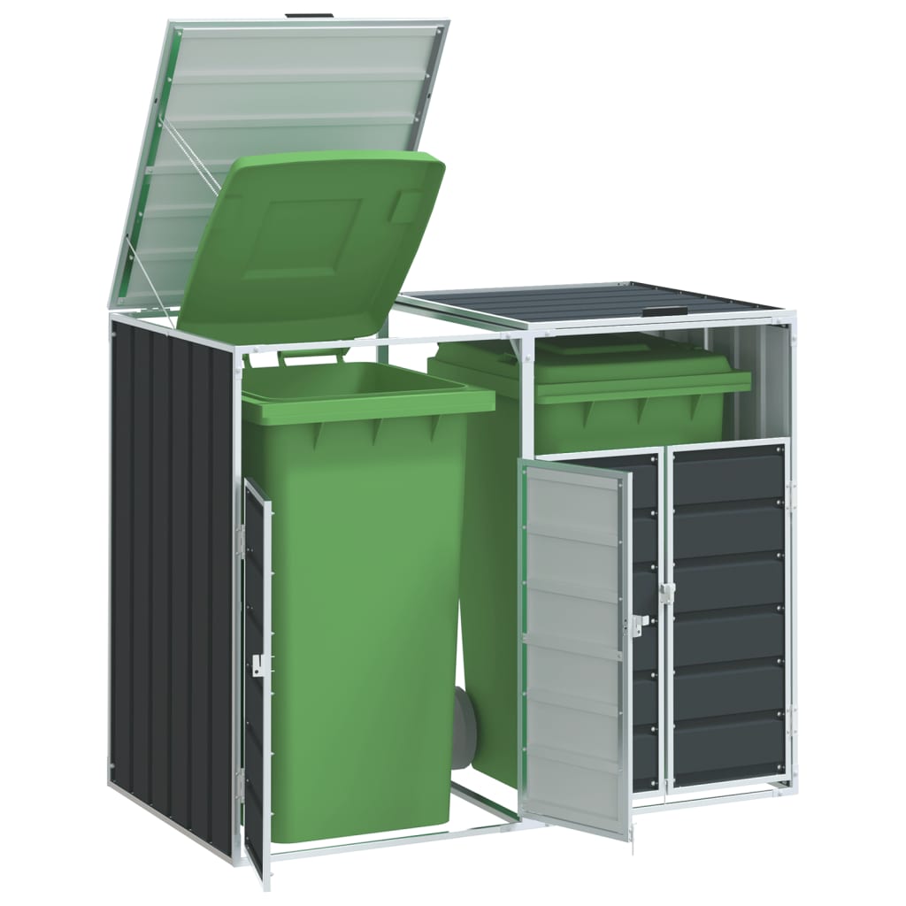 Anthracite steel wheelie bin storage enclosure for two green bins, with open lid and door.