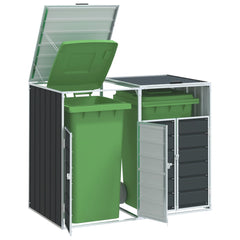 Anthracite steel wheelie bin storage enclosure for two green bins, with open lid and door.