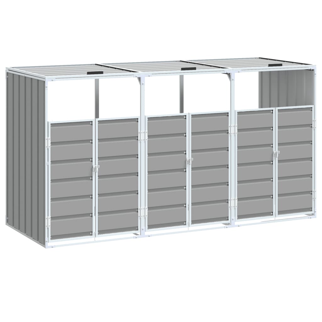 Gray steel wheelie bin storage enclosure for three bins, measuring 85x31.9x45.3 inches, with doors and roof.