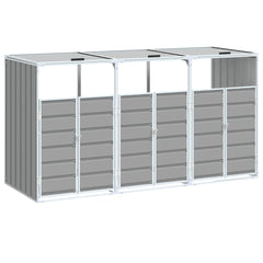 Gray steel wheelie bin storage enclosure for three bins, measuring 85x31.9x45.3 inches, with doors and roof.