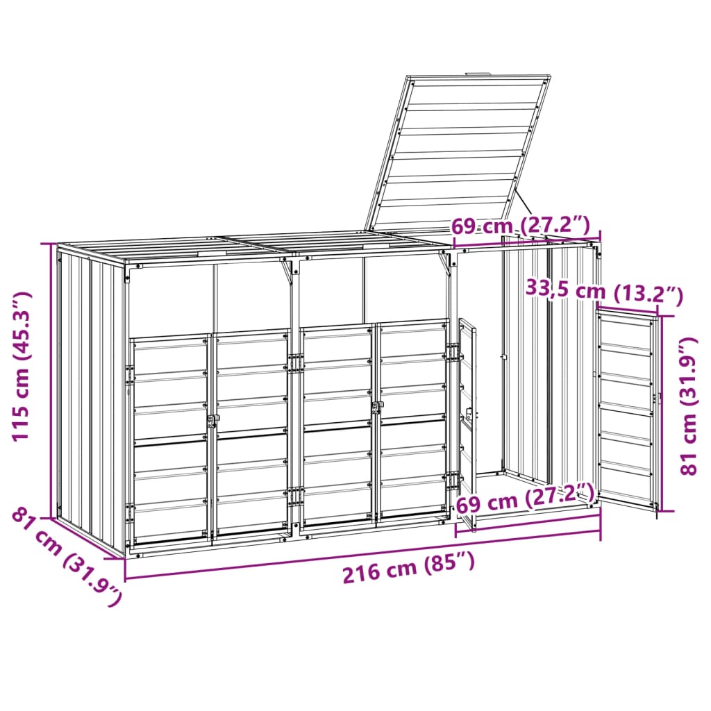 Gray steel wheelie bin storage unit for three bins, measuring 85x31.9x45.3 inches, with open lid and doors.