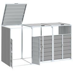 Gray steel wheelie bin storage unit for three bins, with open lid and doors, measuring 85x31.9x45.3 inches.