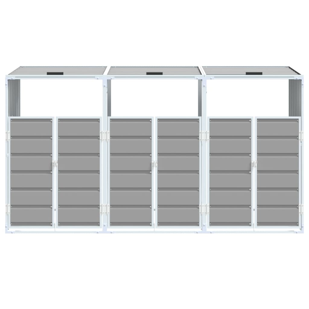 Gray steel wheelie bin storage unit for three bins, measuring 85x31.9x45.3 inches.