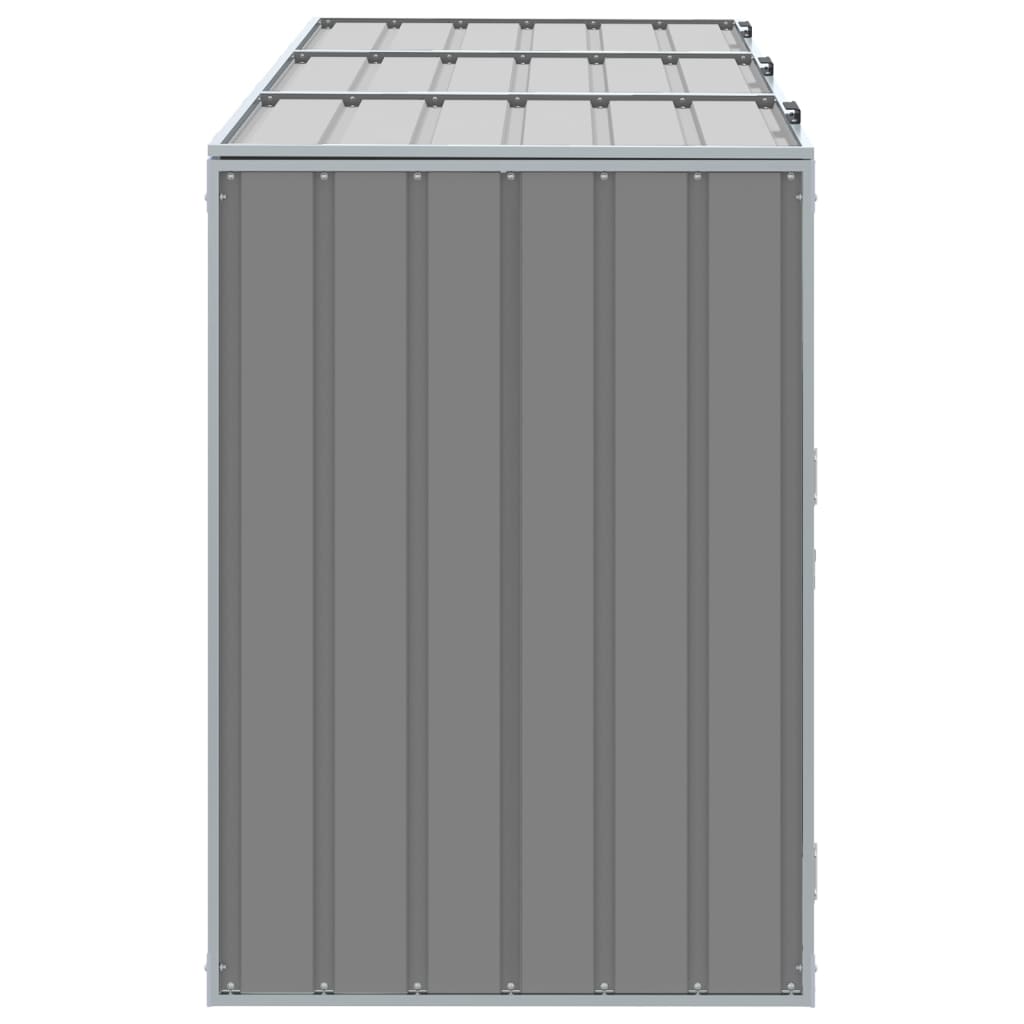 A gray steel wheelie bin storage unit with a corrugated design.