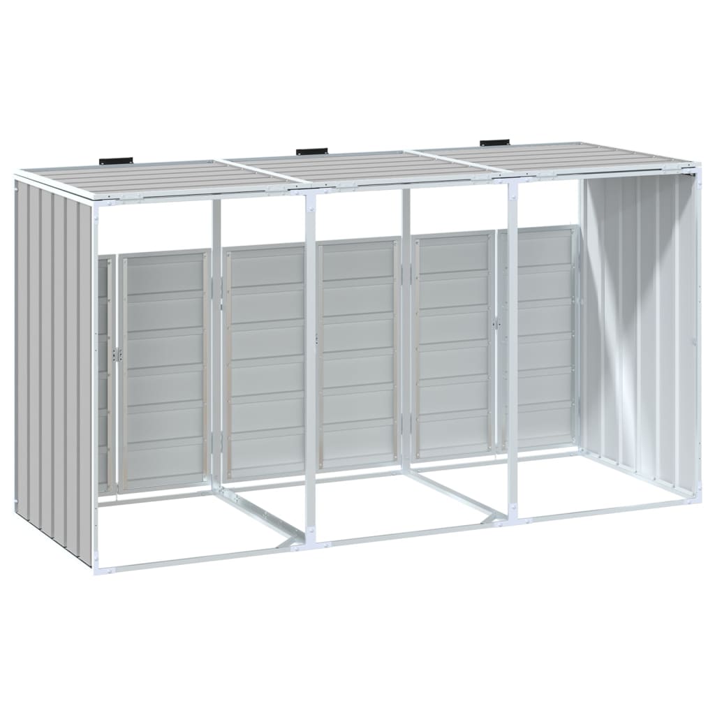 Gray steel wheelie bin storage unit for three bins, measuring 85x31.9x45.3 inches, with sliding doors and automatic lid.