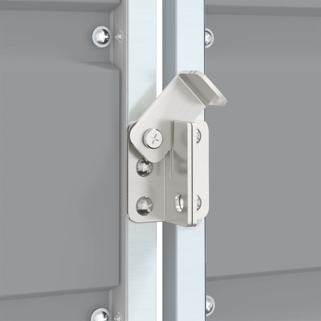Gray steel wheelie bin storage unit for three bins, with front latch doors and metal frame.
