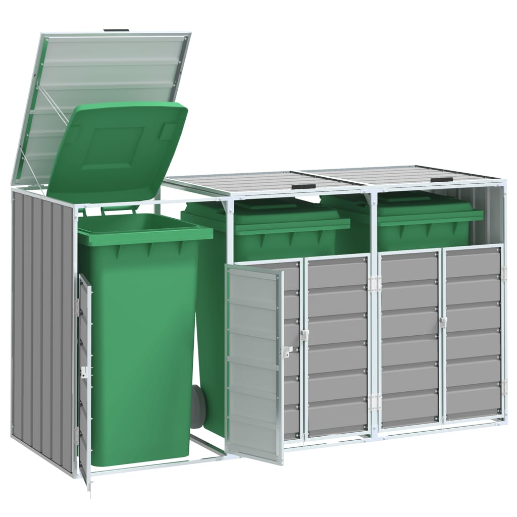 Gray steel wheelie bin storage enclosure for three bins, with open doors and lids.