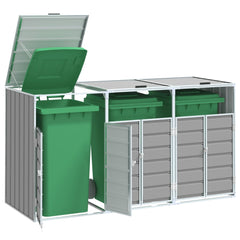 Gray steel wheelie bin storage enclosure for three bins, with open doors and lids.
