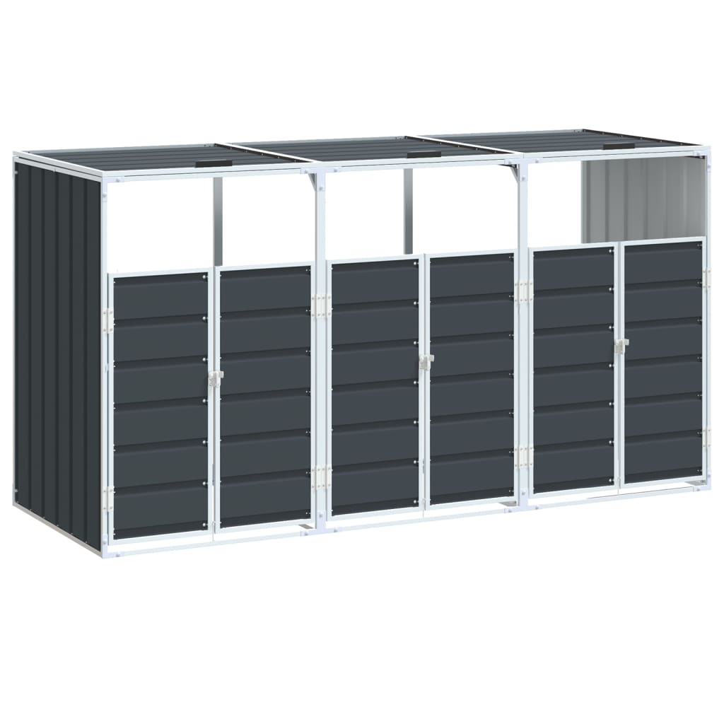 Anthracite steel wheelie bin storage unit for three bins, measuring 85x31.9x45.3 inches, with lift-up lid and front doors.