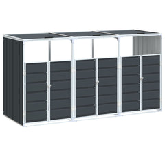 Anthracite steel wheelie bin storage unit for three bins, measuring 85x31.9x45.3 inches, with lift-up lid and front doors.