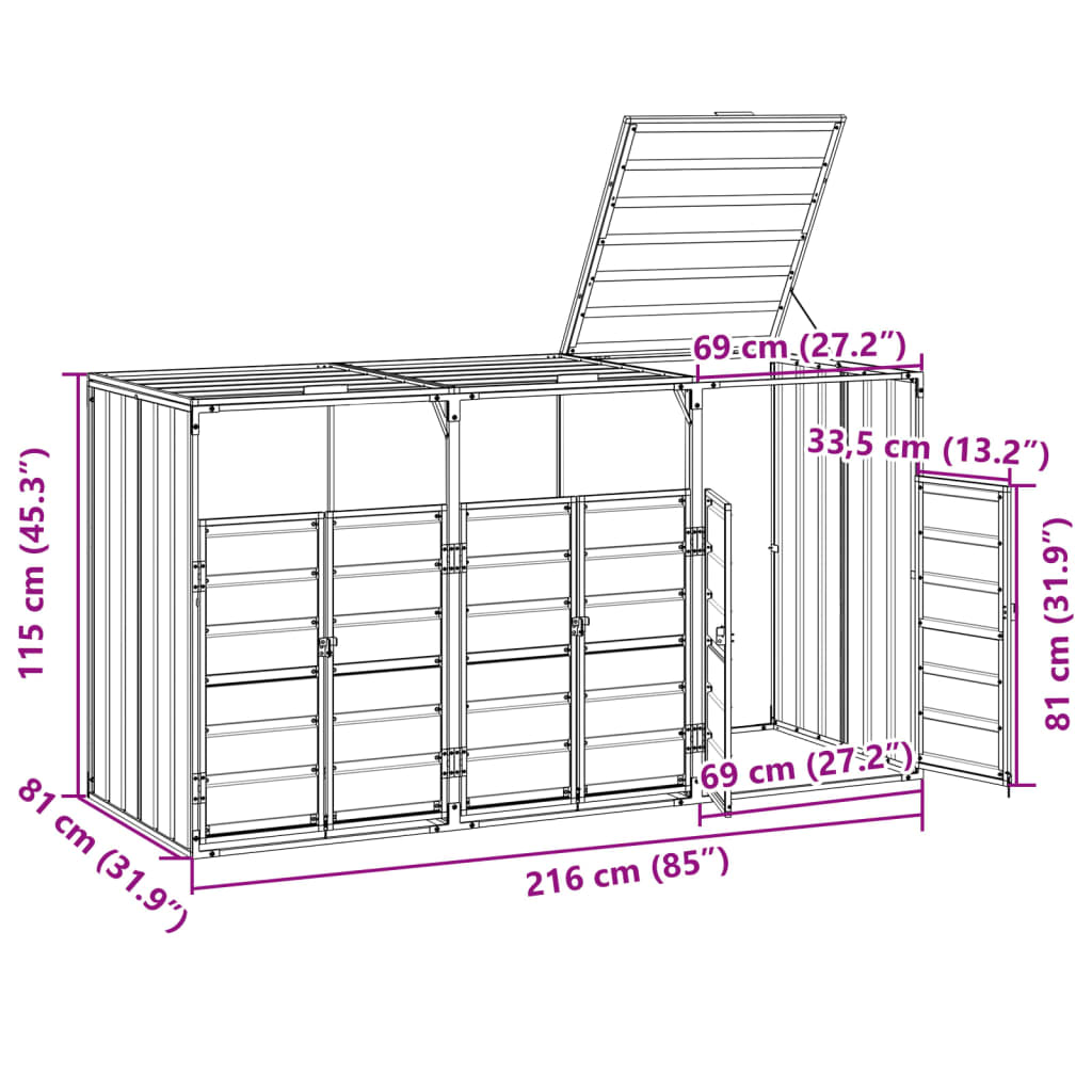 Anthracite steel wheelie bin storage unit for three bins, with dimensions 85x31.9x45.3 inches, showing open lid and doors in a line drawing.