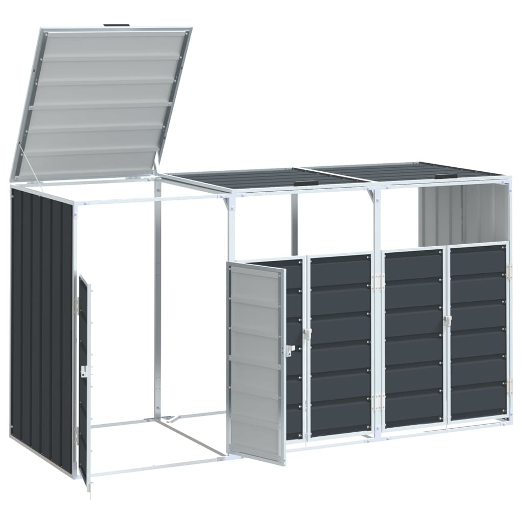 Anthracite steel wheelie bin storage unit for three bins, with open lid and doors, measuring 85x31.9x45.3 inches.