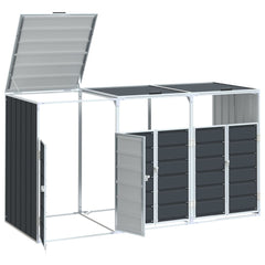Anthracite steel wheelie bin storage unit for three bins, with open lid and doors, measuring 85x31.9x45.3 inches.