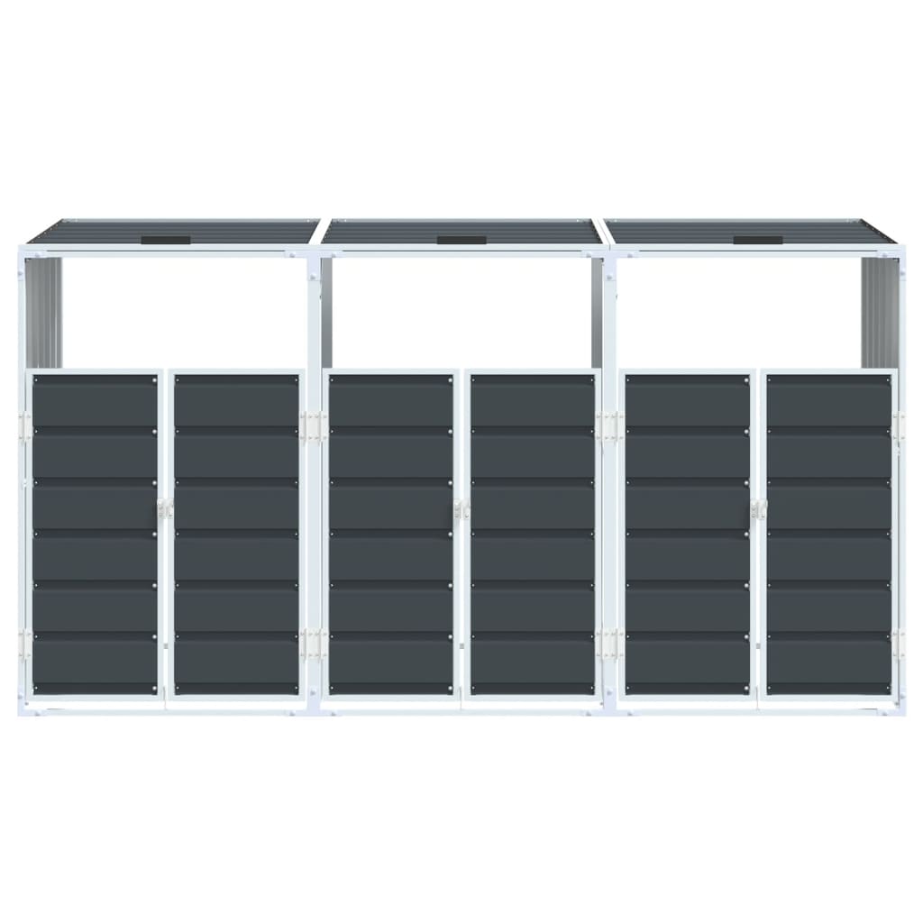 Anthracite steel wheelie bin storage unit for three bins, measuring 85x31.9x45.3 inches.