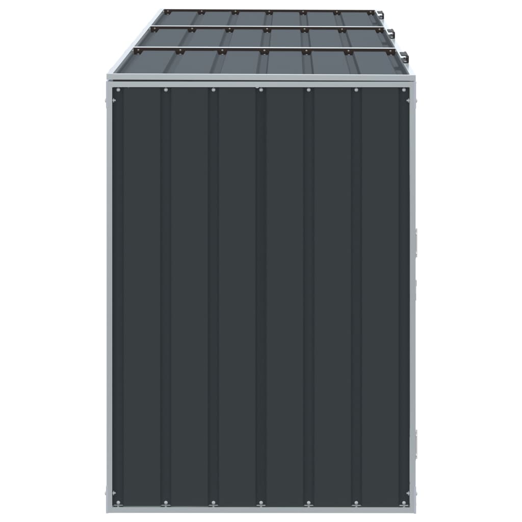 Anthracite steel wheelie bin storage unit for three bins, measuring 85x31.9x45.3 inches.