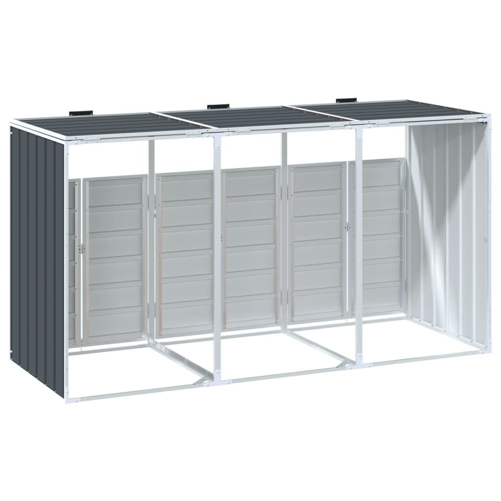 Anthracite steel wheelie bin storage unit for three bins, measuring 85x31.9x45.3 inches, with gray panels and black roof.