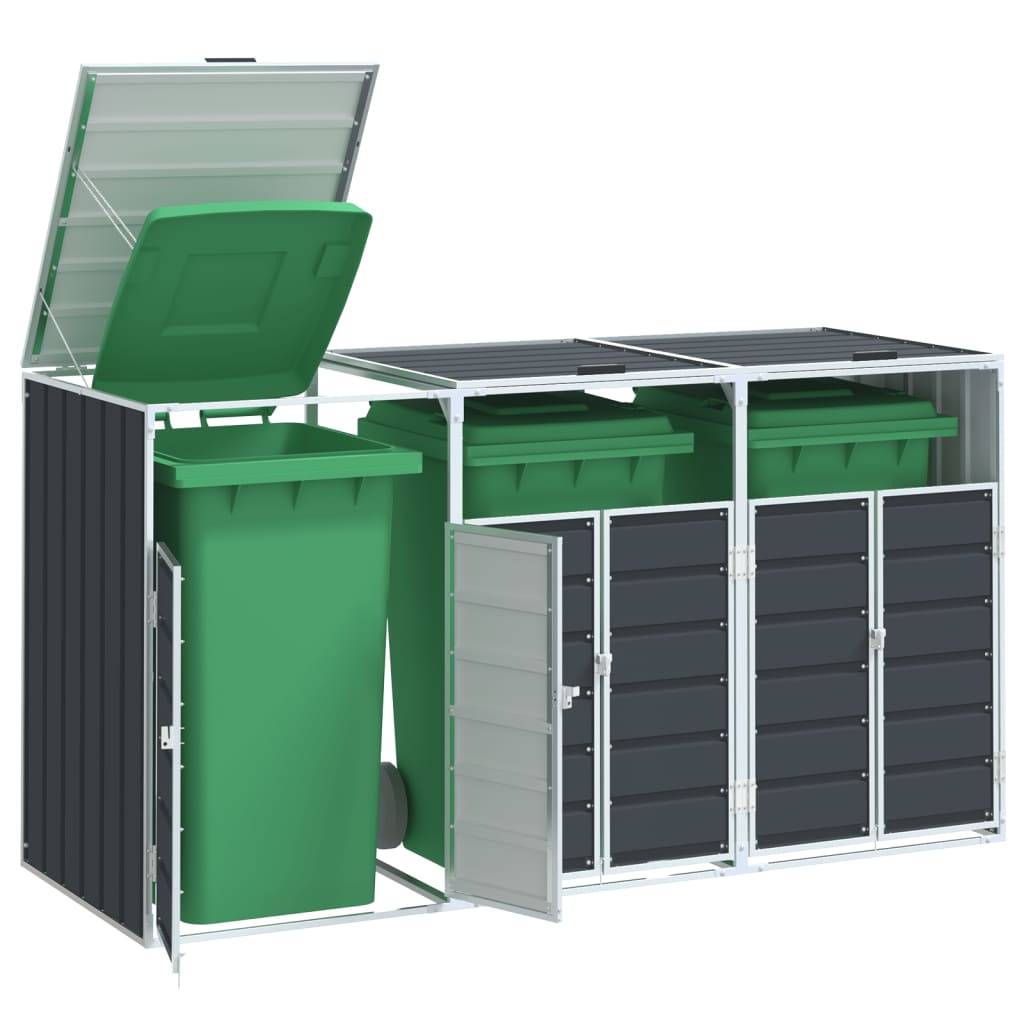 Anthracite steel wheelie bin storage unit with open doors revealing three green bins inside.