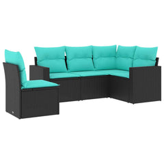 5 Piece Patio Sofa Set with Cushions Black Poly Rattan