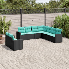 9 Piece Patio Sofa Set with Cushions Black Poly Rattan