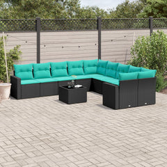 11 Piece Patio Sofa Set with Cushions Black Poly Rattan