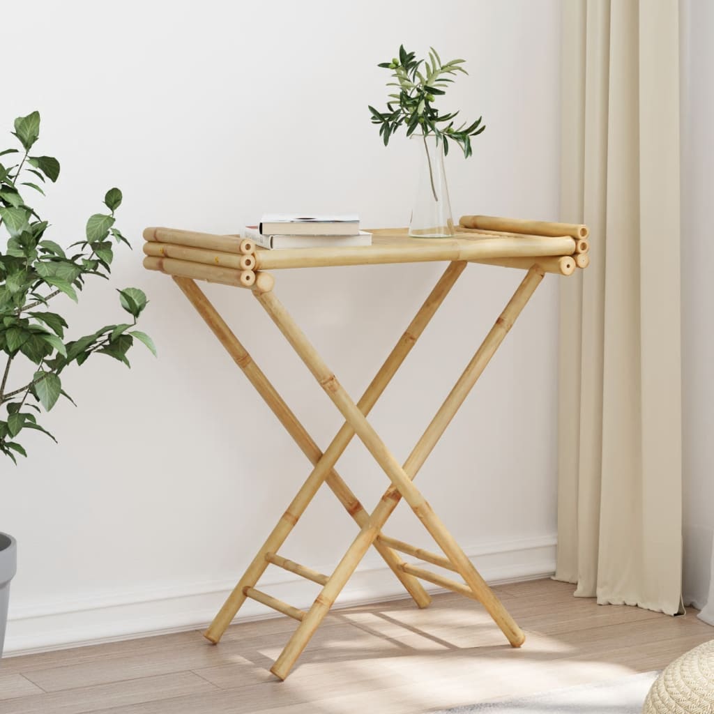 Bostome bamboo folding tray table with slatted top and X-frame legs, 27.8x16.7x31.5 inches.
