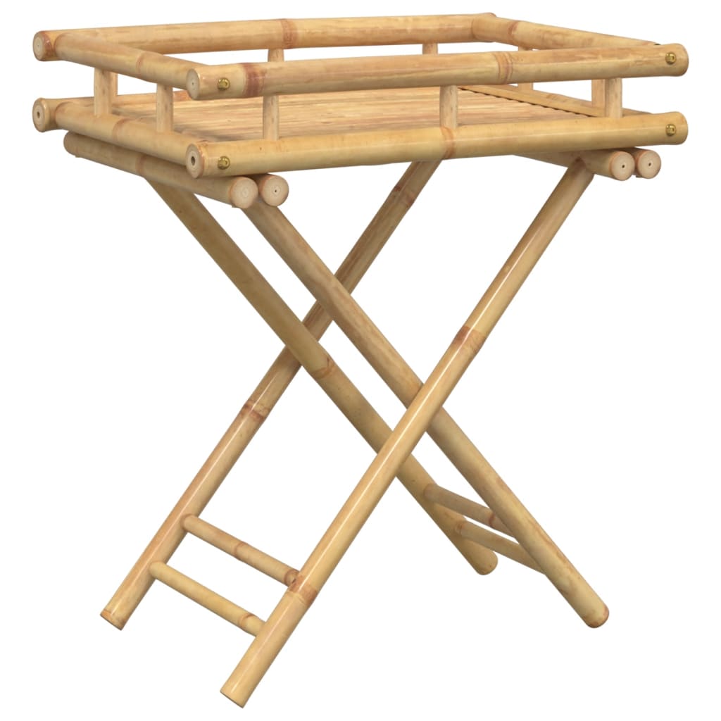 Bamboo folding tray table with slatted top and X-frame legs, 23.6x15.7x26.8 inches.
