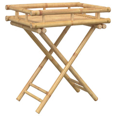 Bamboo folding tray table with slatted top and X-frame legs, 23.6x15.7x26.8 inches.