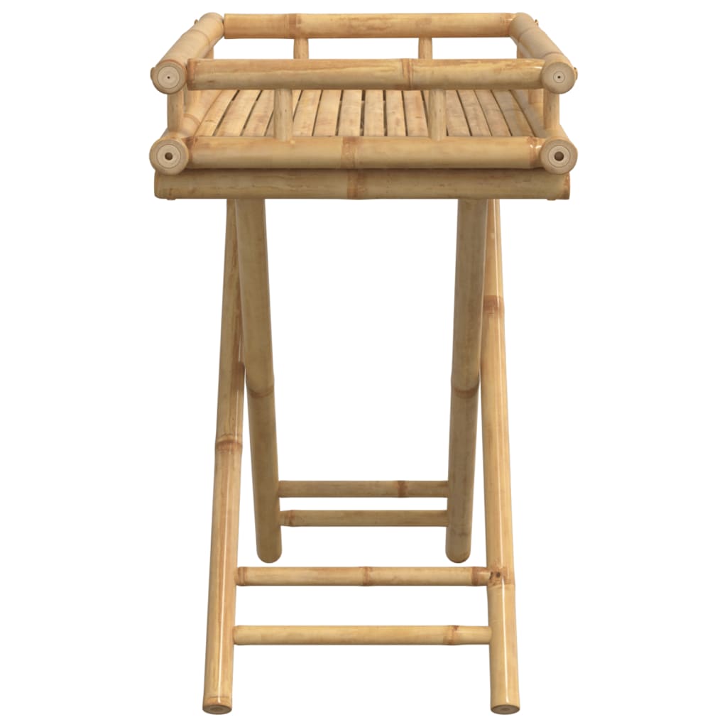 Bamboo folding tray table with slatted top and X-frame legs, 23.6x15.7x26.8 inches.