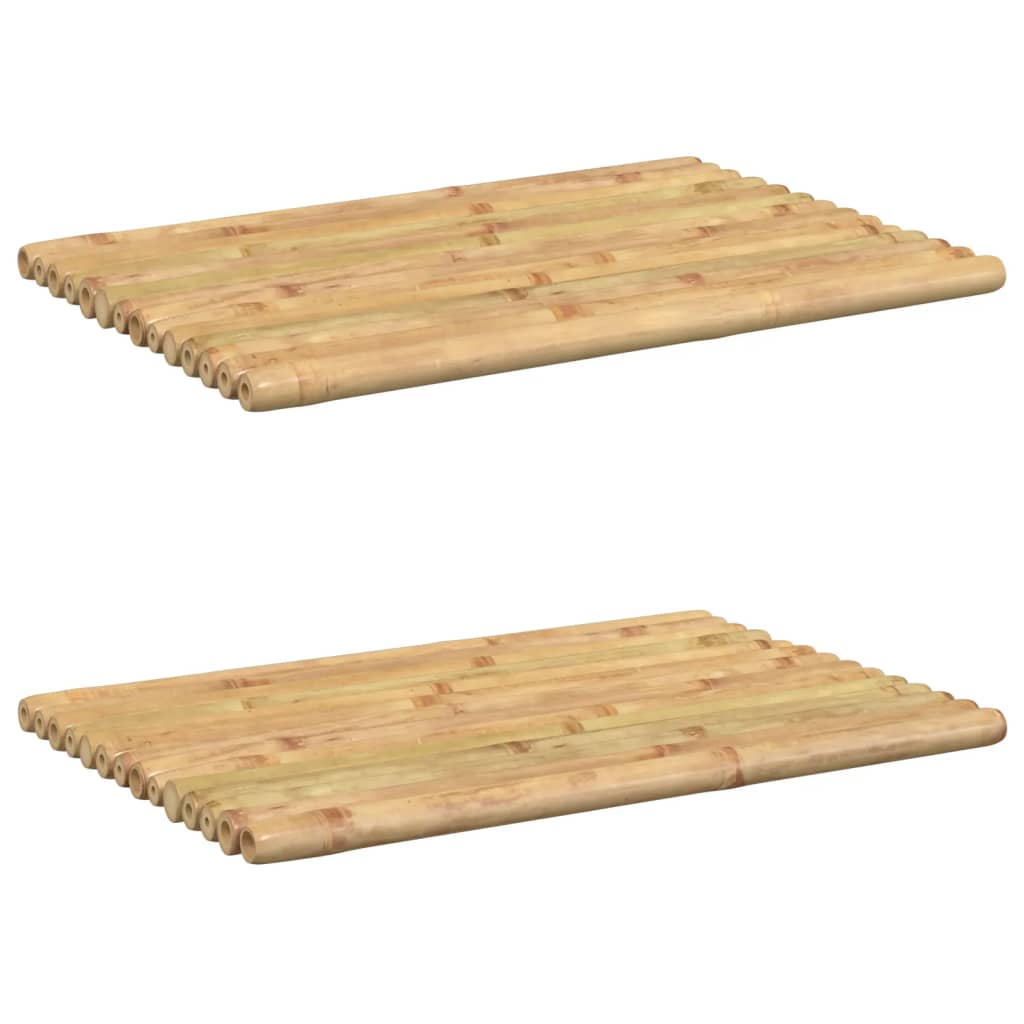 Two rectangular bamboo bath mats, each 19.7 by 13.8 inches, with slatted design for drainage.