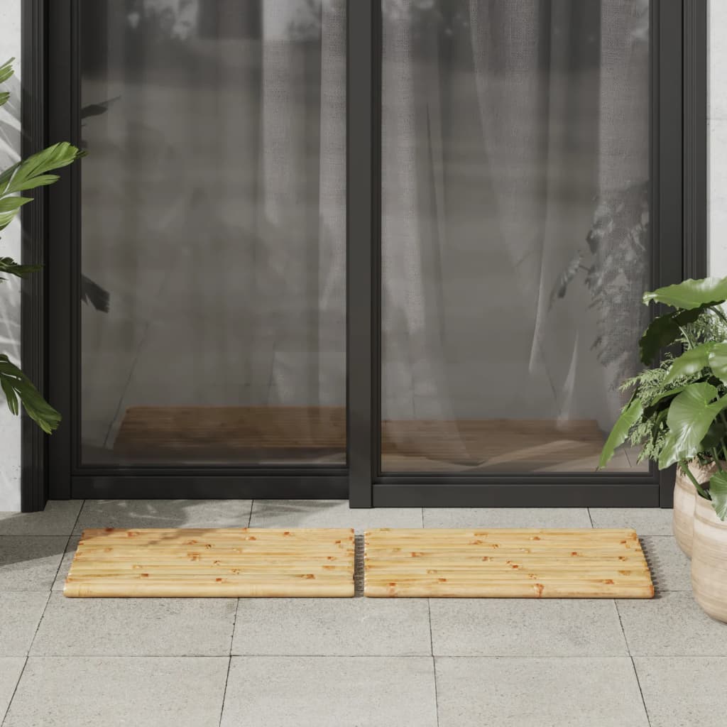 Two rectangular bamboo bath mats, each 19.7 by 13.8 inches, placed side by side on a tiled floor.