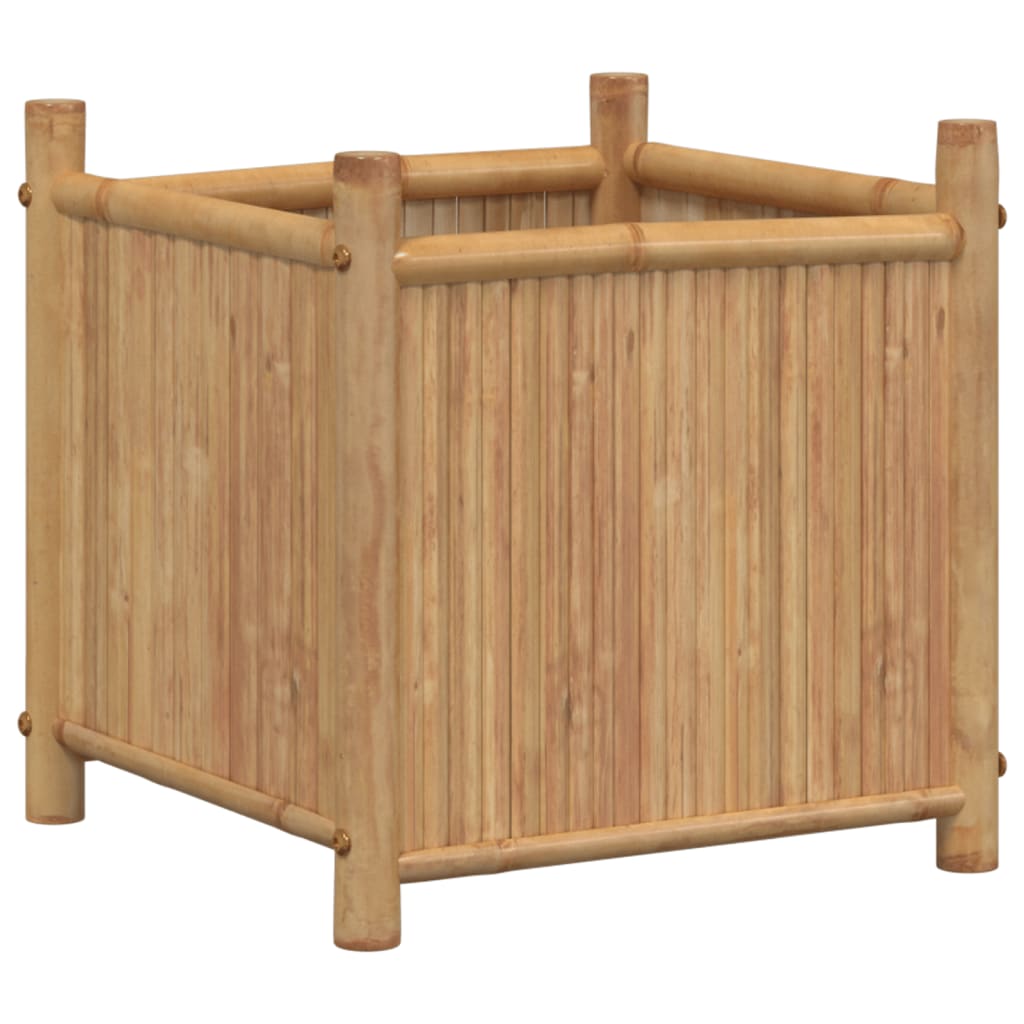 A 15.7-inch square bamboo planter box with elevated legs and slatted sides.