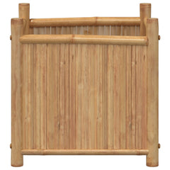 A 15.7-inch square bamboo planter box with slatted sides and elevated base.