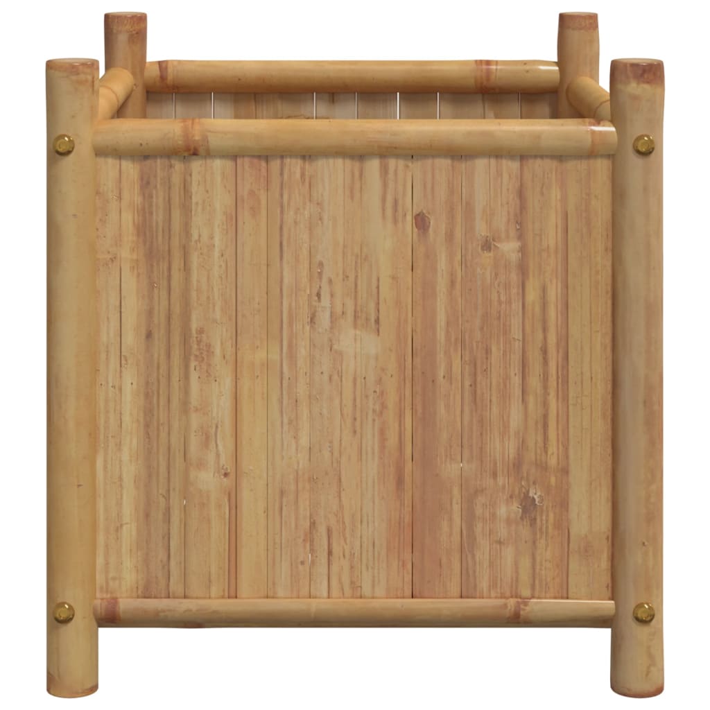 A 15.7-inch square bamboo planter box with elevated legs for garden use.