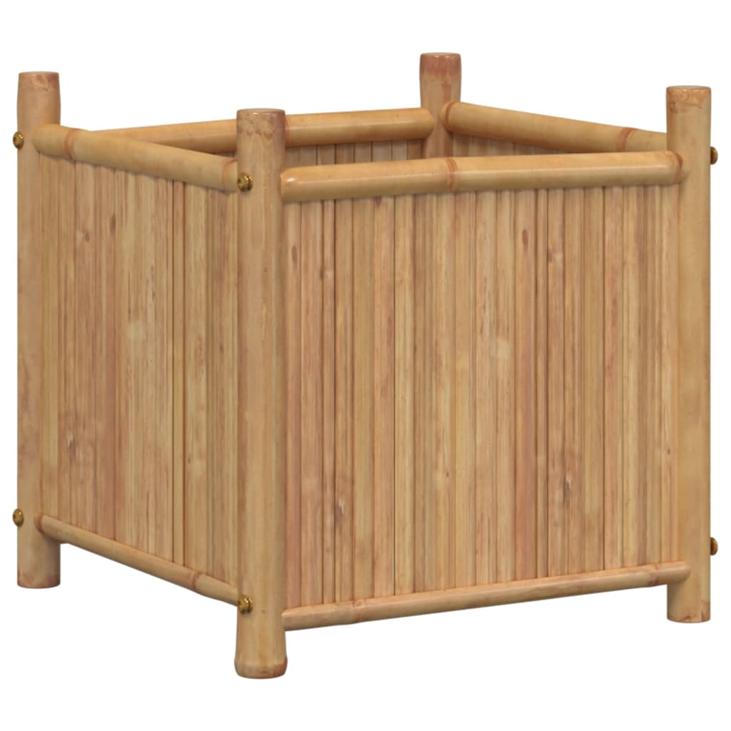 A 15.7-inch square bamboo planter box with slatted sides and elevated legs for garden use.