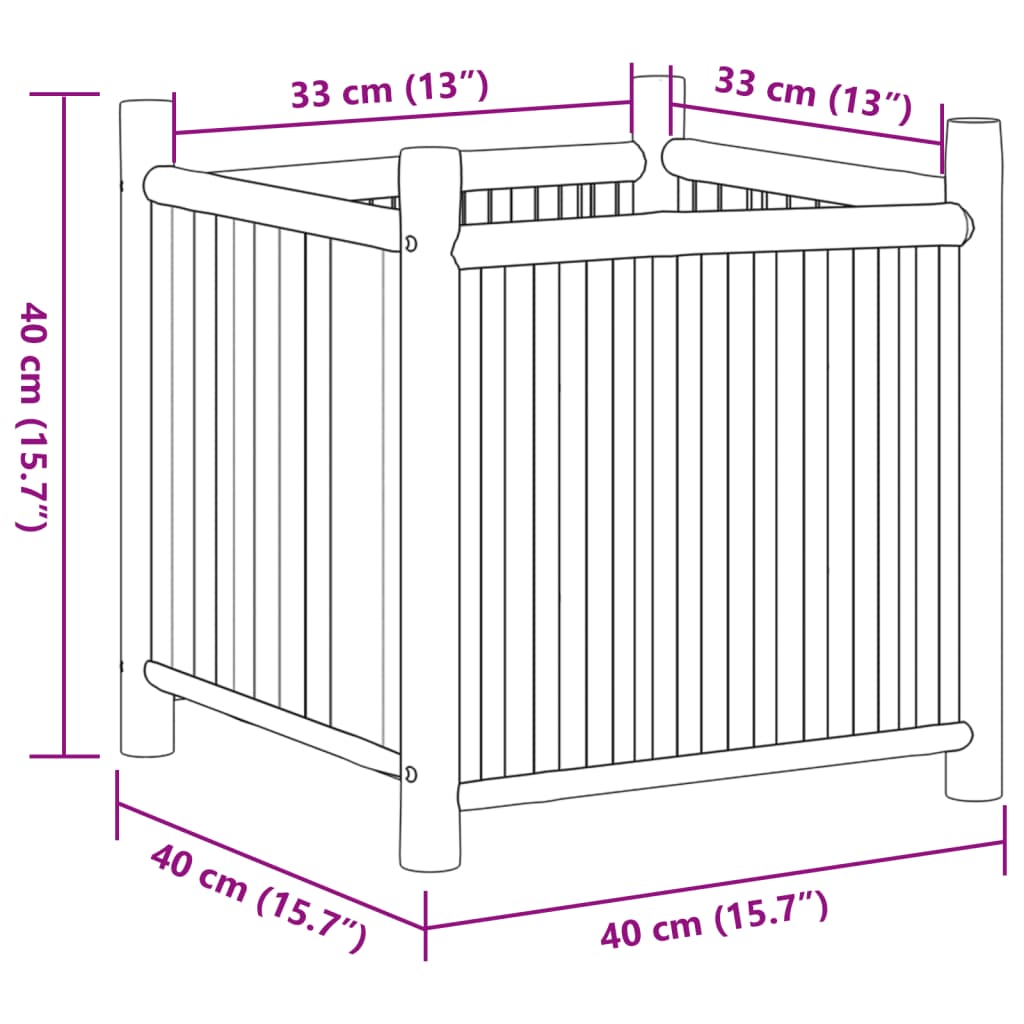 Square bamboo planter box measuring 15.7 inches on each side with 13-inch depth.