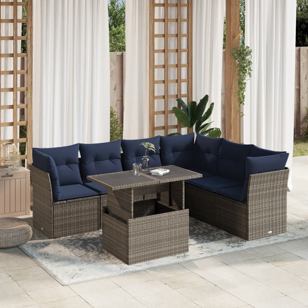 7 Piece Garden Sofa Set with Cushions Grey Poly Rattan