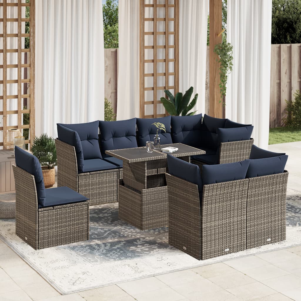 9 Piece Garden Sofa Set with Cushions Grey Poly Rattan