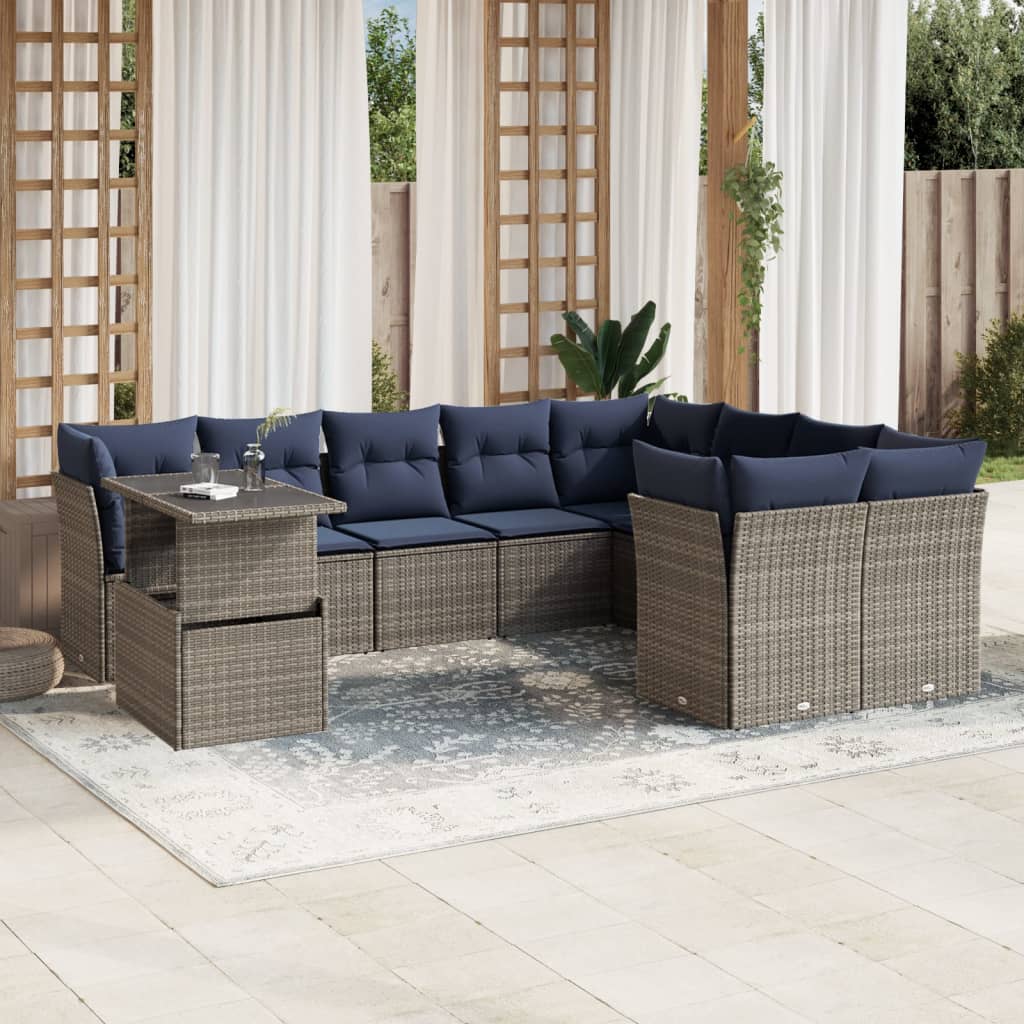 10 Piece Garden Sofa Set with Cushions Grey Poly Rattan