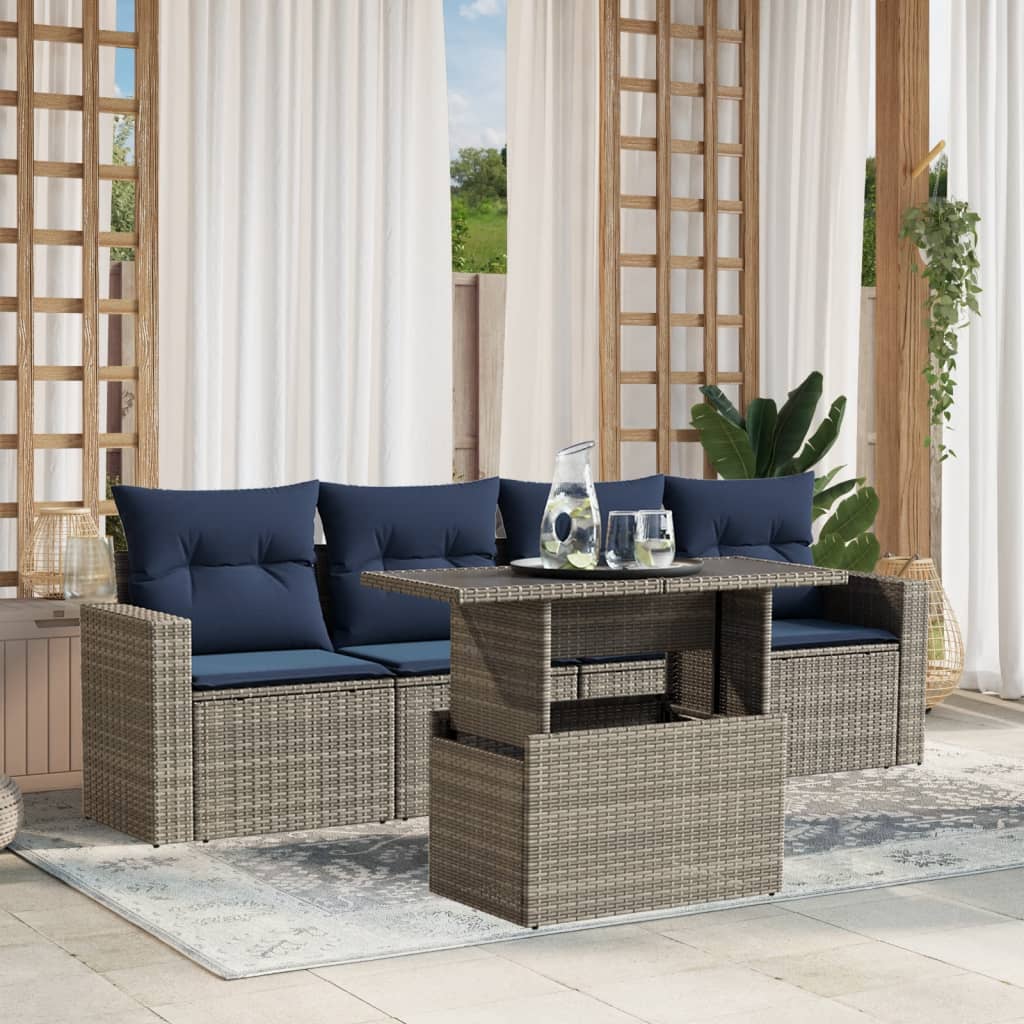 5 Piece Garden Sofa Set with Cushions Grey Poly Rattan