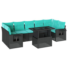 8 Piece Garden Sofa Set with Cushions Black Poly Rattan