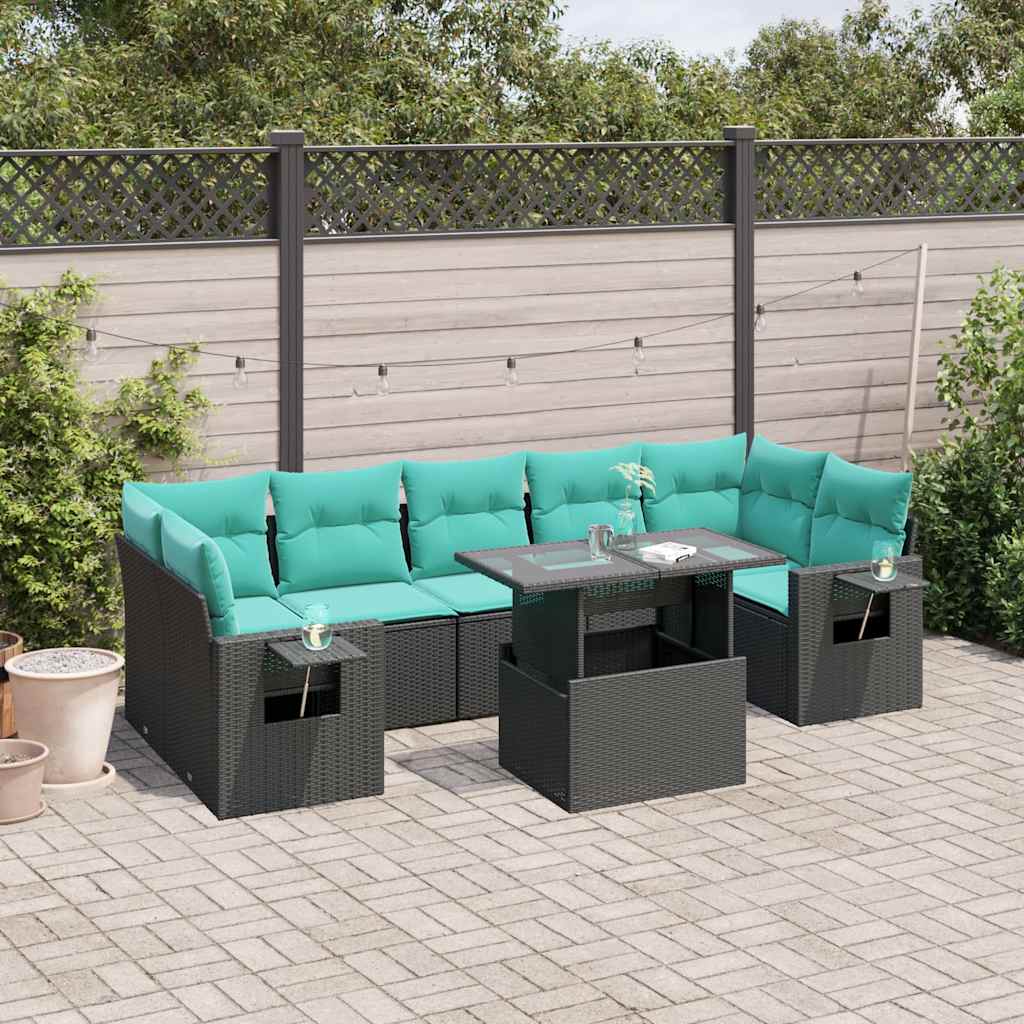 8 Piece Garden Sofa Set with Cushions Black Poly Rattan